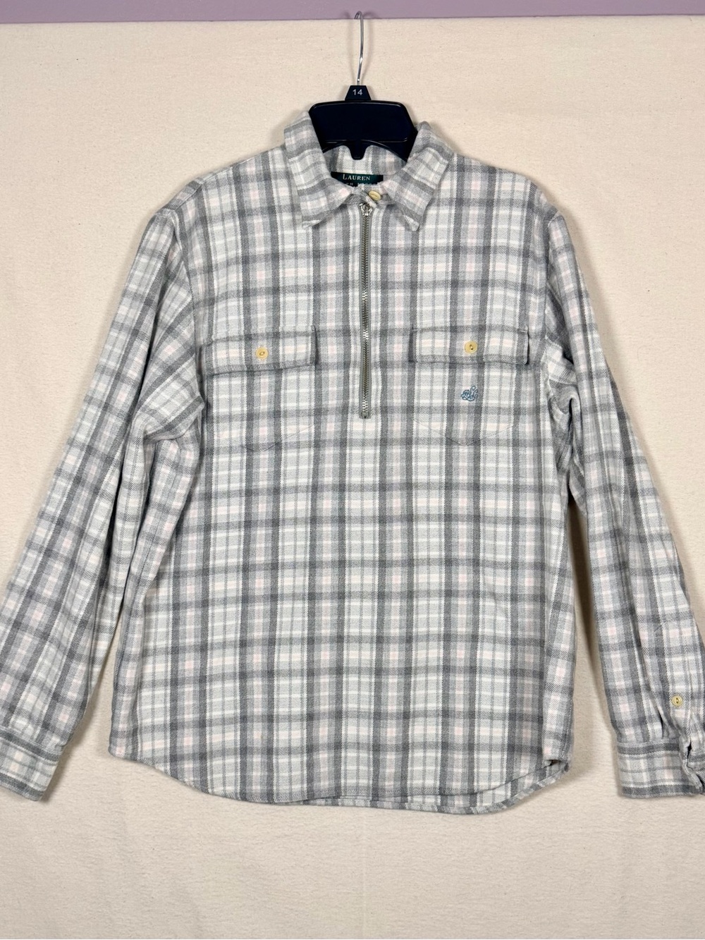 Lauren Ralph Lauren Flannel Gray & White Plaid Half-Zip Shirt Jacket